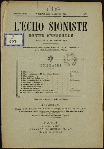 L'Echo Sioniste. Vol. 6 n° 1 (15 janvier 1905)
